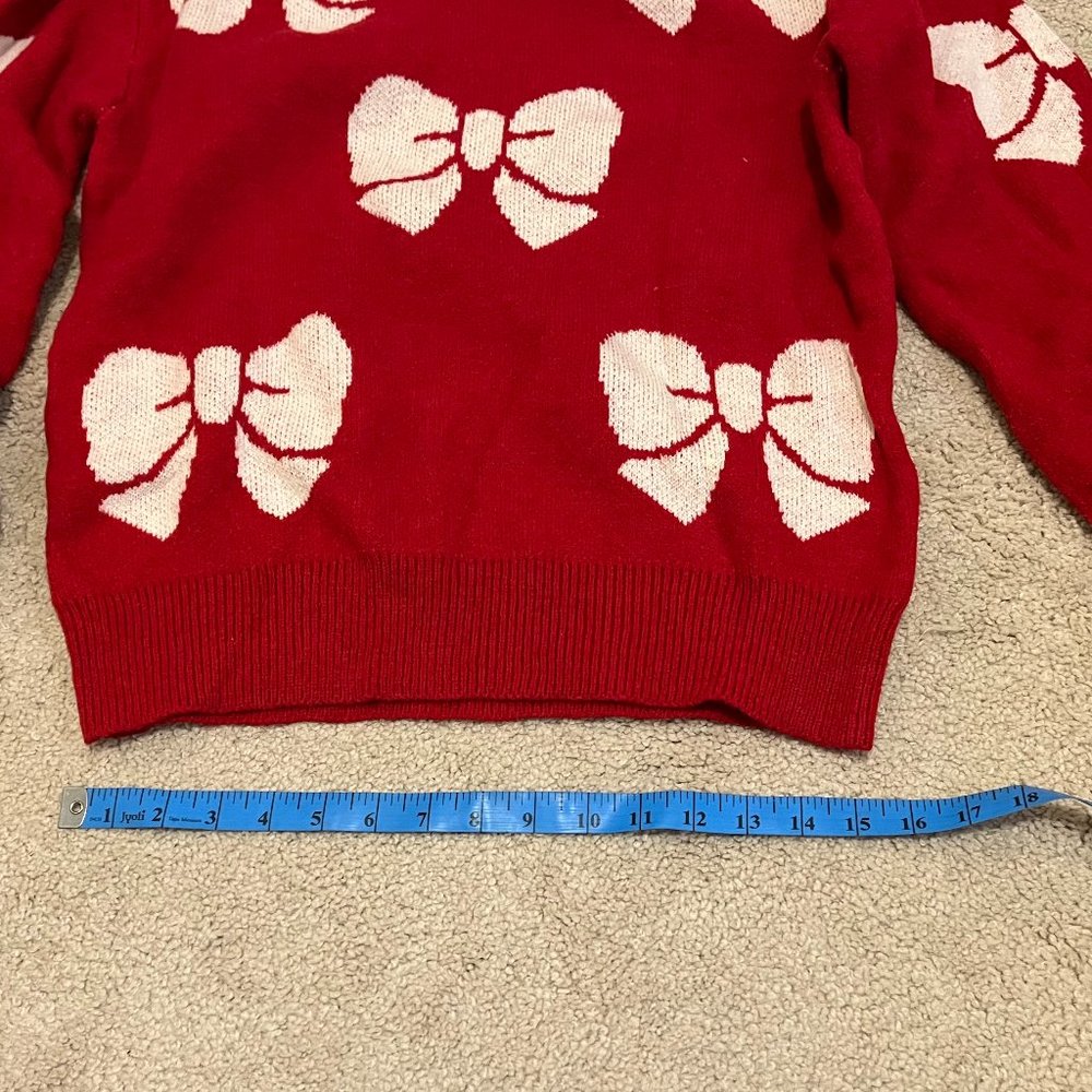 SHEIN | Warm Vibrant Red *Holiday Sweater* w/ White Bows | Slight Balloon Sleeve - Picture 6 of 11